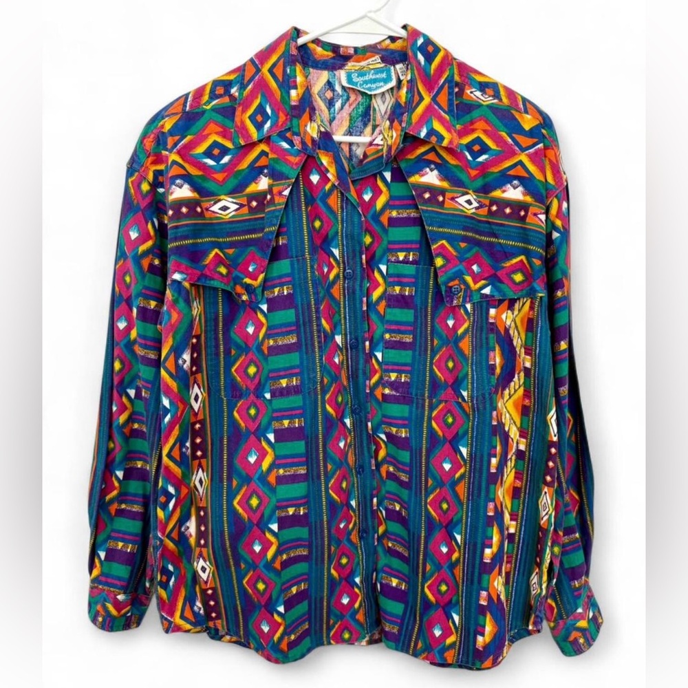 Vintage 90s Southwest Canyon Western Shirt‎ Medium Bold Aztec Geometric Cotton